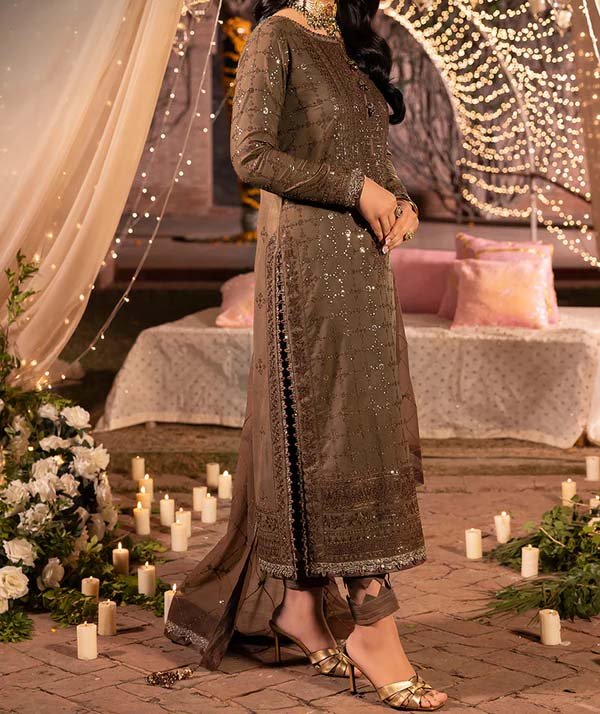 Asim Jofa Embroidered Chiffon 3-Piece in Coffee Brown with Silk Trouser AJ8734 - Image 4