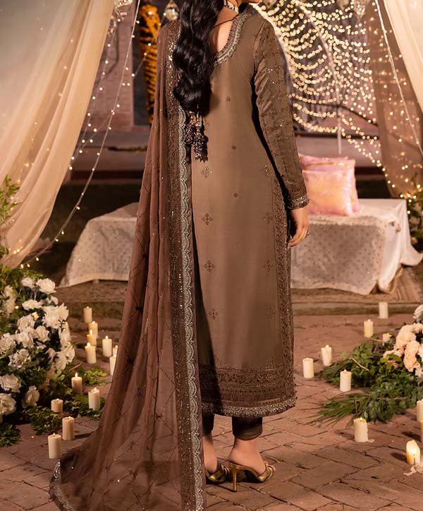 Asim Jofa Embroidered Chiffon 3-Piece in Coffee Brown with Silk Trouser AJ8734 - Image 5