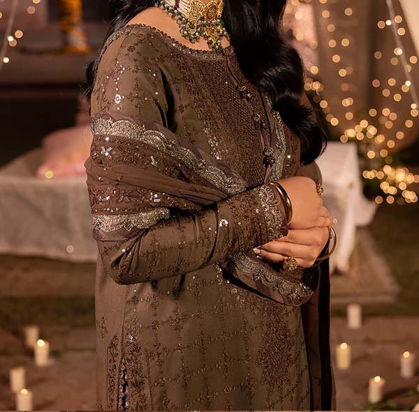 Asim Jofa Embroidered Chiffon 3-Piece in Coffee Brown with Silk Trouser AJ8734 - Image 6