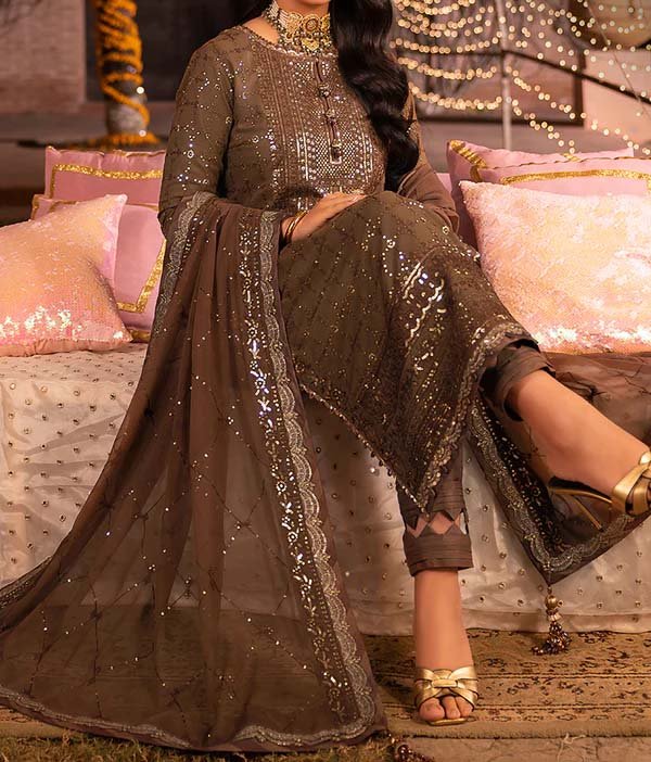 Asim Jofa Embroidered Chiffon 3-Piece in Coffee Brown with Silk Trouser AJ8734 - Image 7