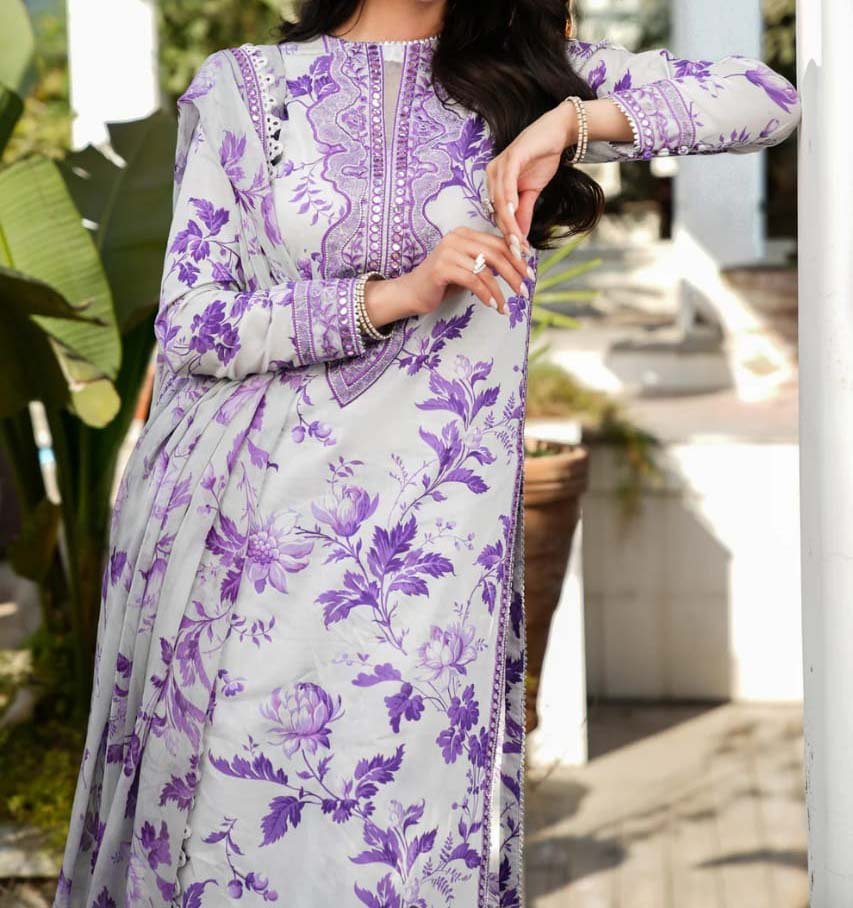Al Nisa Printed Lawn 3-Piece with Embroidered Neckline & Chiffon Dupatta - AN0001 - Image 2