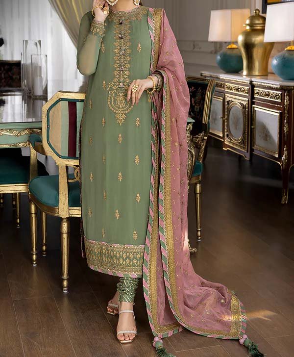 Asim Jofa Luxury Embroidered Chiffon 3-Piece with Jamawar Trouser & Embroidered Dupatta - AJ0001 - Image 2