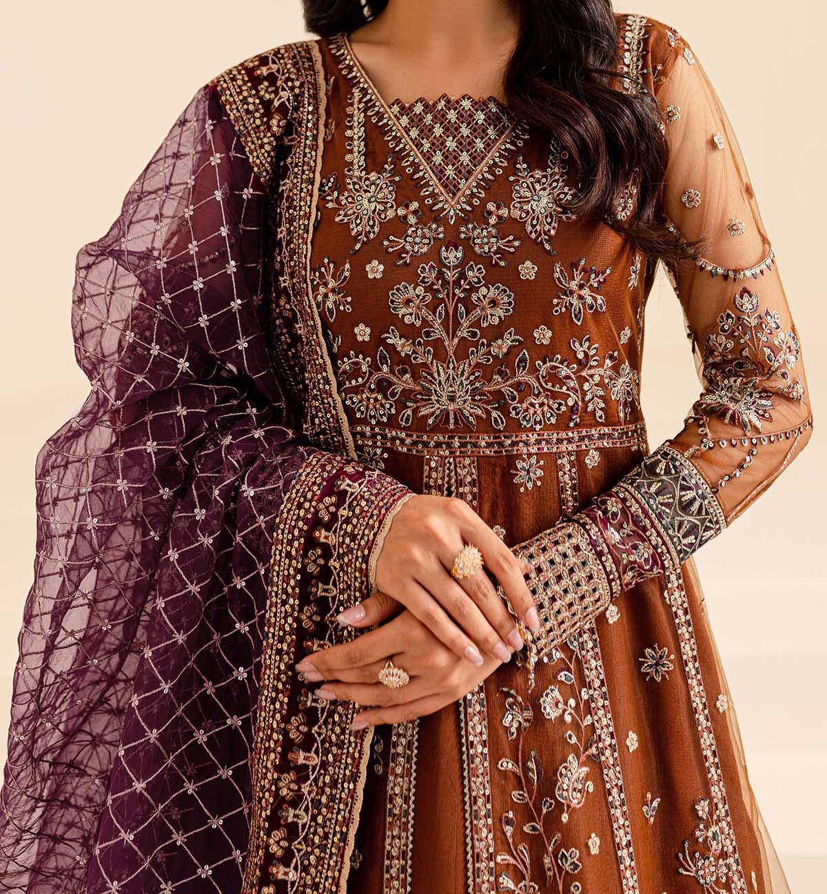 Farasha Luxury Formal Embroidered Net Unstitched 3Pc Suit - Crimson Allure - Image 9