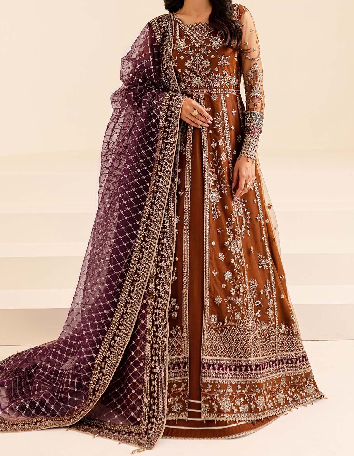 Farasha Luxury Formal Embroidered Net Unstitched 3Pc Suit - Crimson Allure