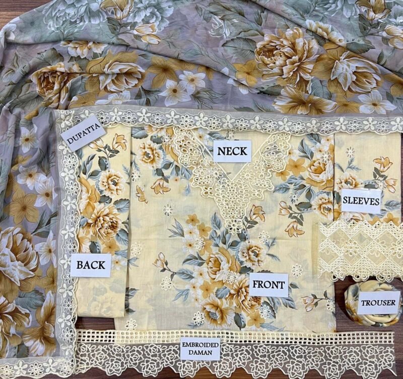 Iznik Embroidered Lawn 3 Piece Unstitched Suit YELLOW-IL-DL-09 - Image 7