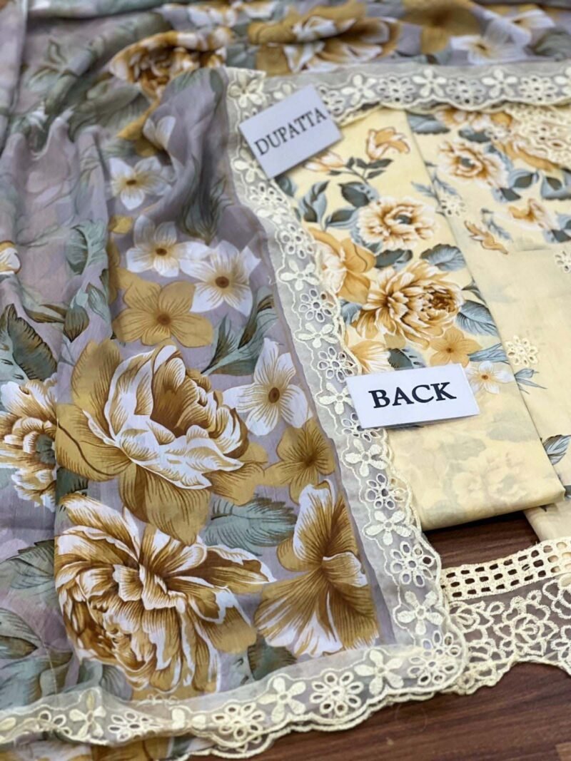 Iznik Embroidered Lawn 3 Piece Unstitched Suit YELLOW-IL-DL-09 - Image 2