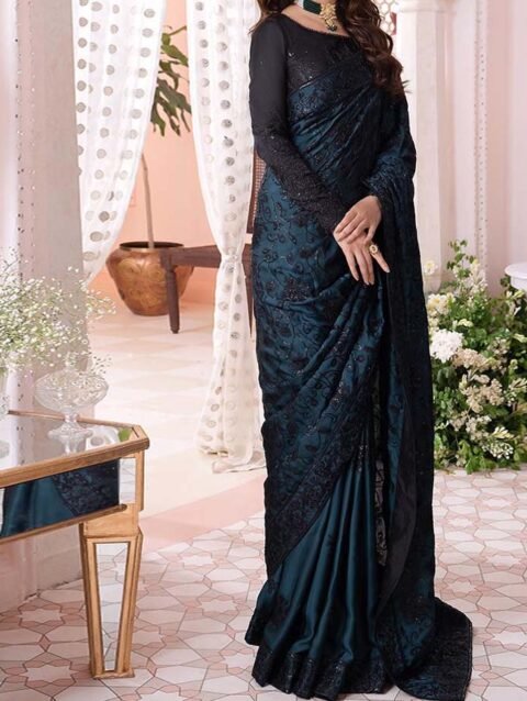 Asim Jofa Luxury Shamosh & Net Embroidered Saree with Satin Silk Pate Coat Unstitched AJ513125