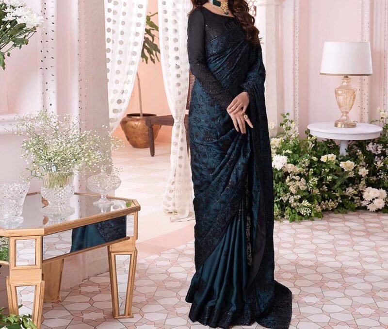 Asim Jofa Luxury Shamosh & Net Embroidered Saree with Satin Silk Pate Coat Unstitched AJ513125