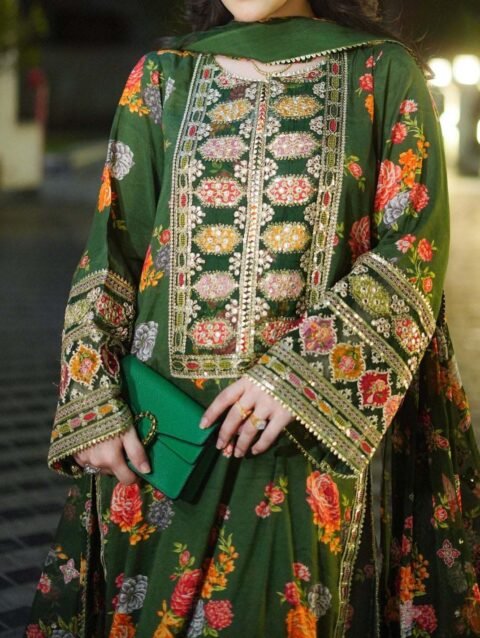 Aneelas Heavy Embroidered Silk 3-Piece with Digital Print & Silk Dupatta Unstitched AS4684