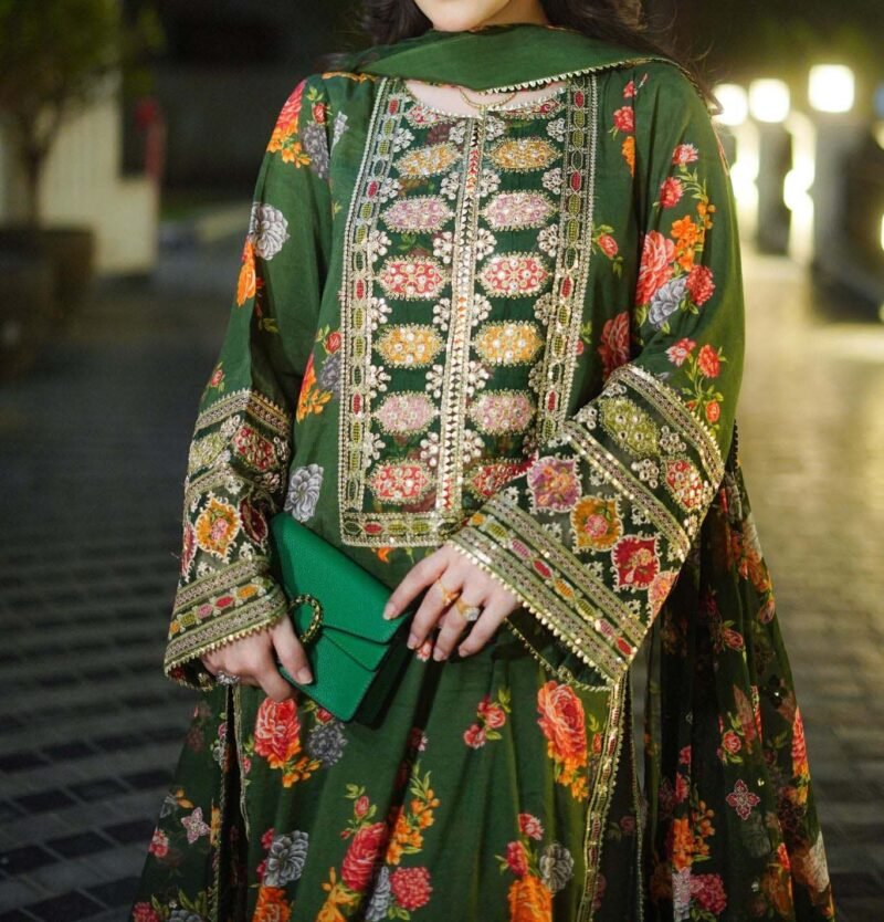 Aneelas Heavy Embroidered Silk 3-Piece with Digital Print & Silk Dupatta Unstitched AS4684