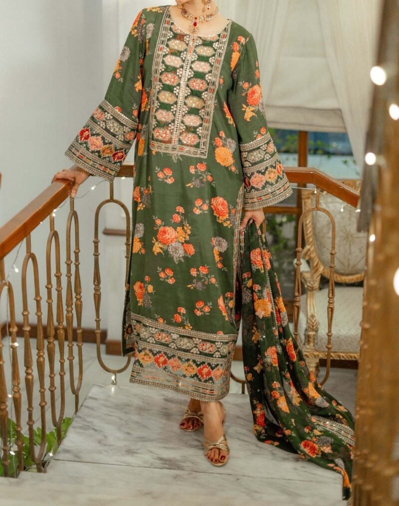 Aneelas Heavy Embroidered Silk 3-Piece with Digital Print & Silk Dupatta Unstitched AS4684 - Image 5