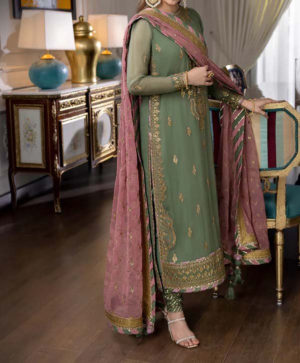 Asim Jofa Luxury Embroidered Chiffon 3-Piece with Jamawar Trouser & Embroidered Dupatta - AJ0001 - Image 6