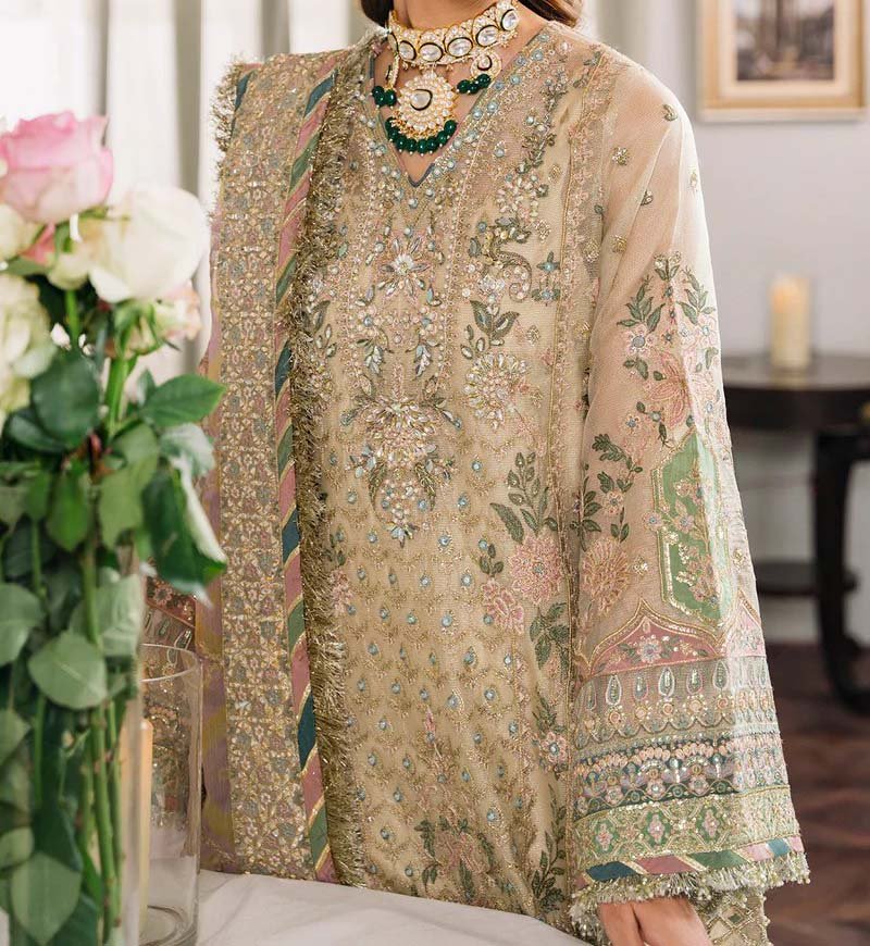 Baroque Embroidered Zari Masuri 3-Piece with Digital Printed Dupatta & Silk Trouser CH12-04 - Image 5