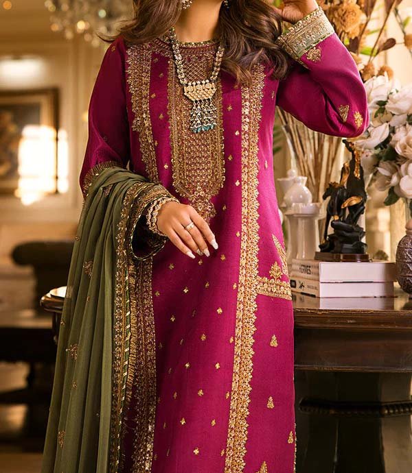 Asim Jofa Embroidered Silk 3-Piece with Chiffon Dupatta & Silk Trouser Unstitched PN6546005 - Image 7
