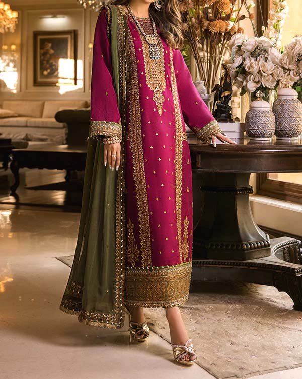 Asim Jofa Embroidered Silk 3-Piece with Chiffon Dupatta & Silk Trouser Unstitched PN6546005 - Image 2