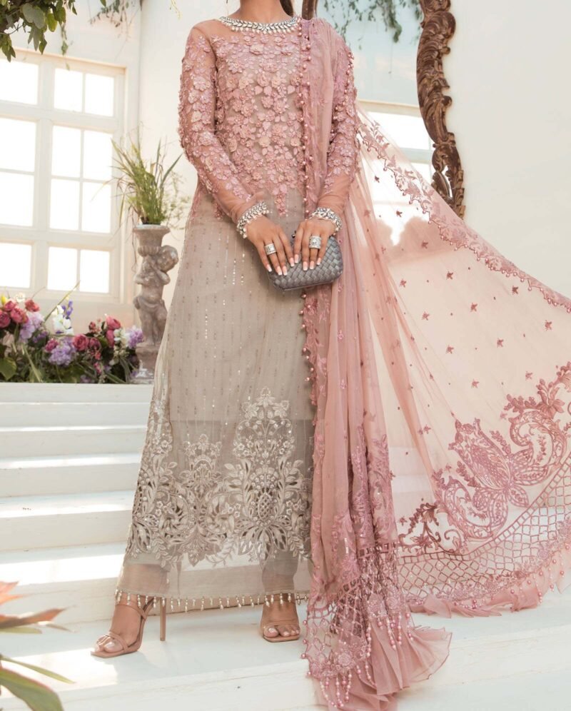 Maria B Unstitched Mbroidered 3 Piece Unstitched- Coffee and Ash Pink - MB43135 - Image 2