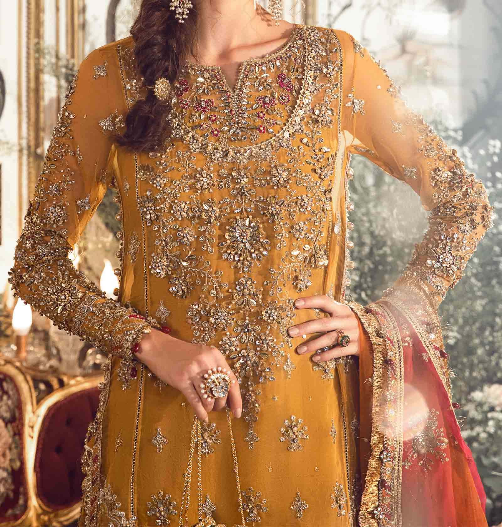 Maria B Unstitched Mbroidered Mustard Fancy Dress BD-2707 - Image 2