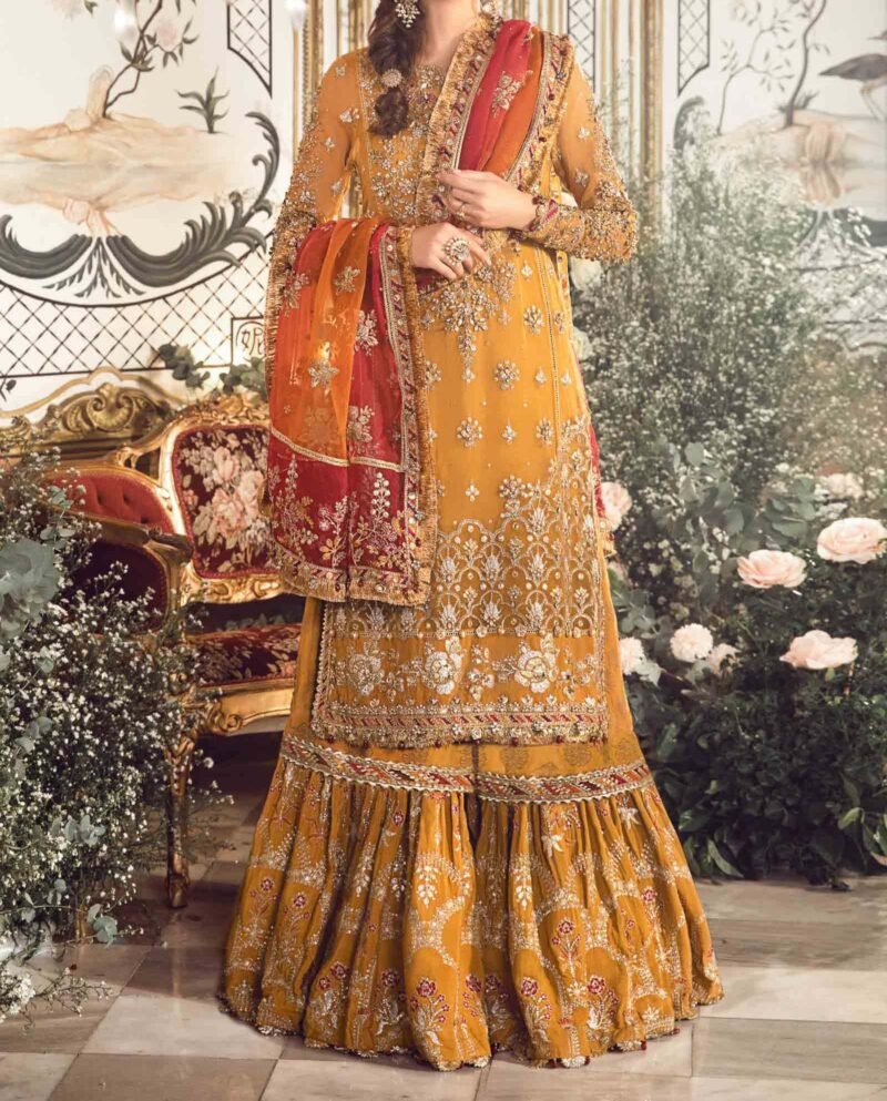 Maria B Unstitched Mbroidered Mustard Fancy Dress BD-2707 - Image 3
