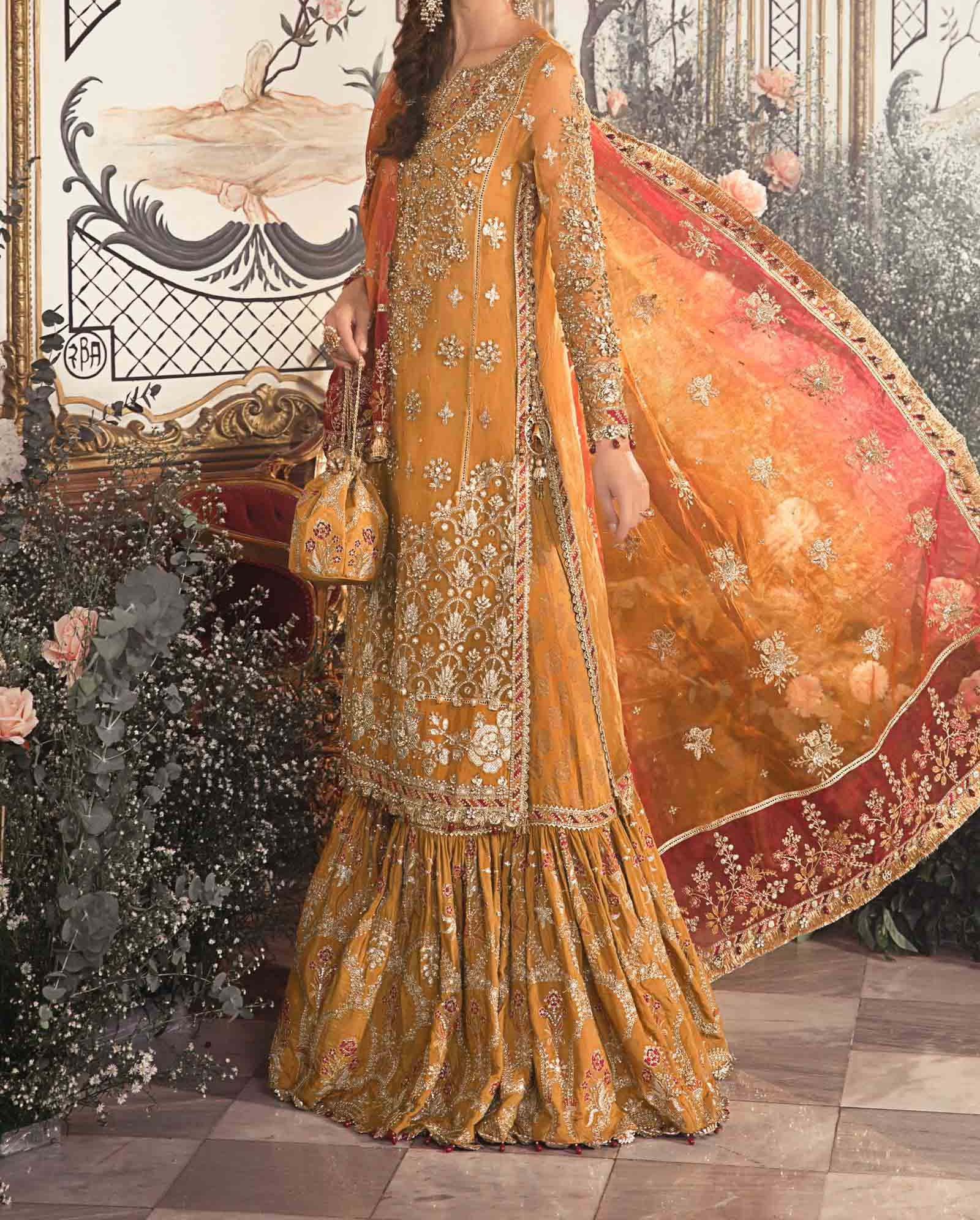 Maria B Unstitched Mbroidered Mustard Fancy Dress BD-2707 - Image 4