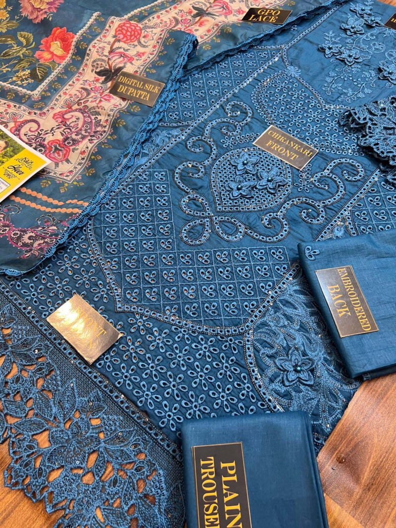 Chikankari Lawn Cotton Embroidered 3-Piece Unstitched with Digital Silk Dupatta - CK242353 - Image 11