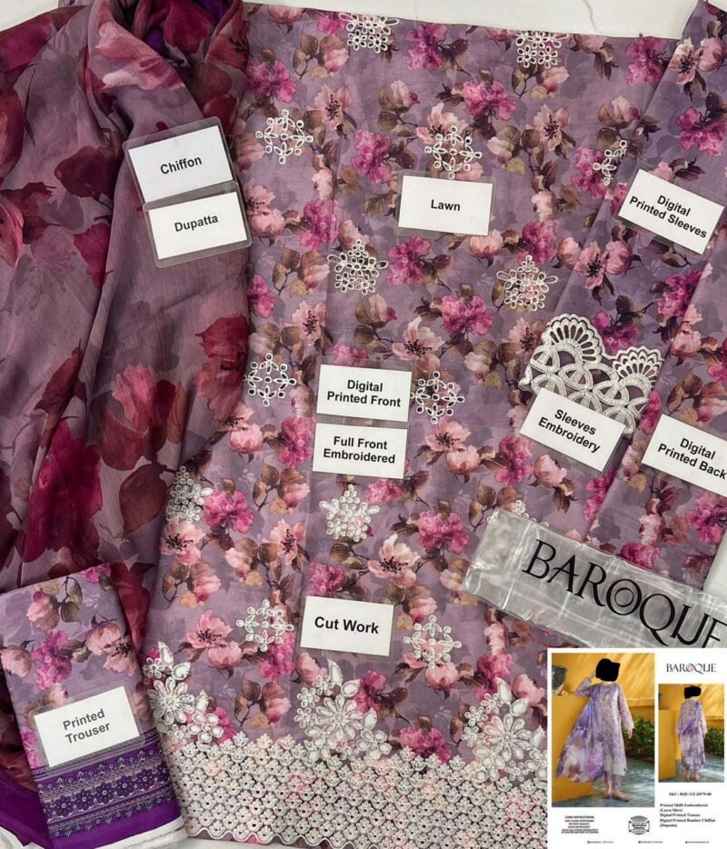 Baroque 3 PC Unstitched EMBROIDERED PRINTED LAWN - Image 6