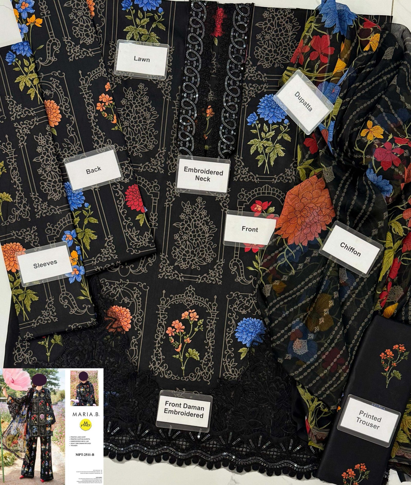 Maria B 3 Piece Unstitched Printed Lawn Suit - Image 7