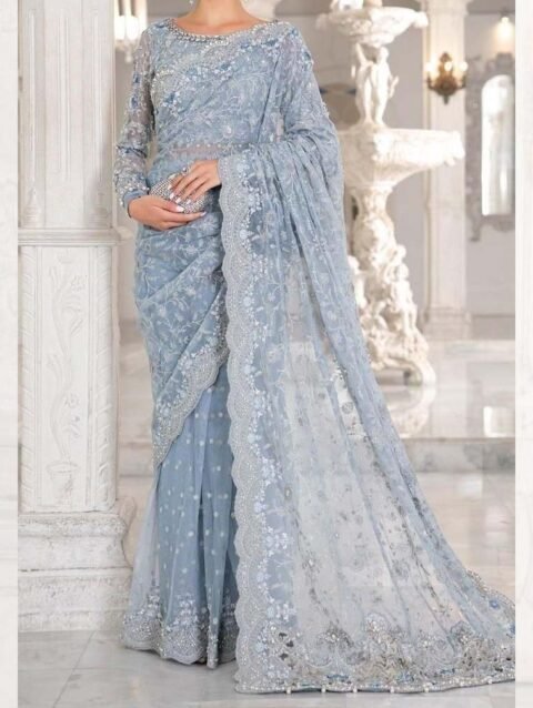 Maria B Couture Ice Blue Saree Embroided Unstitched 3PC MC-049