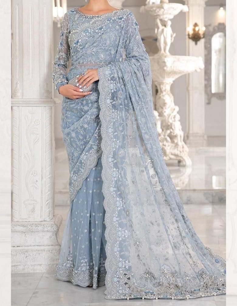 Maria B Couture Ice Blue Saree Embroided Unstitched 3PC MC-049