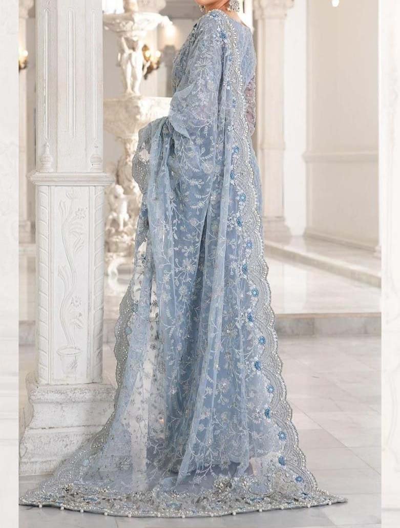 Maria B Couture Ice Blue Saree Embroided Unstitched 3PC MC-049 - Image 3