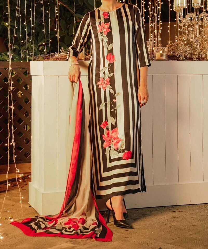 Lulusar Digital Print Embroidered Silk Dress - LS54435