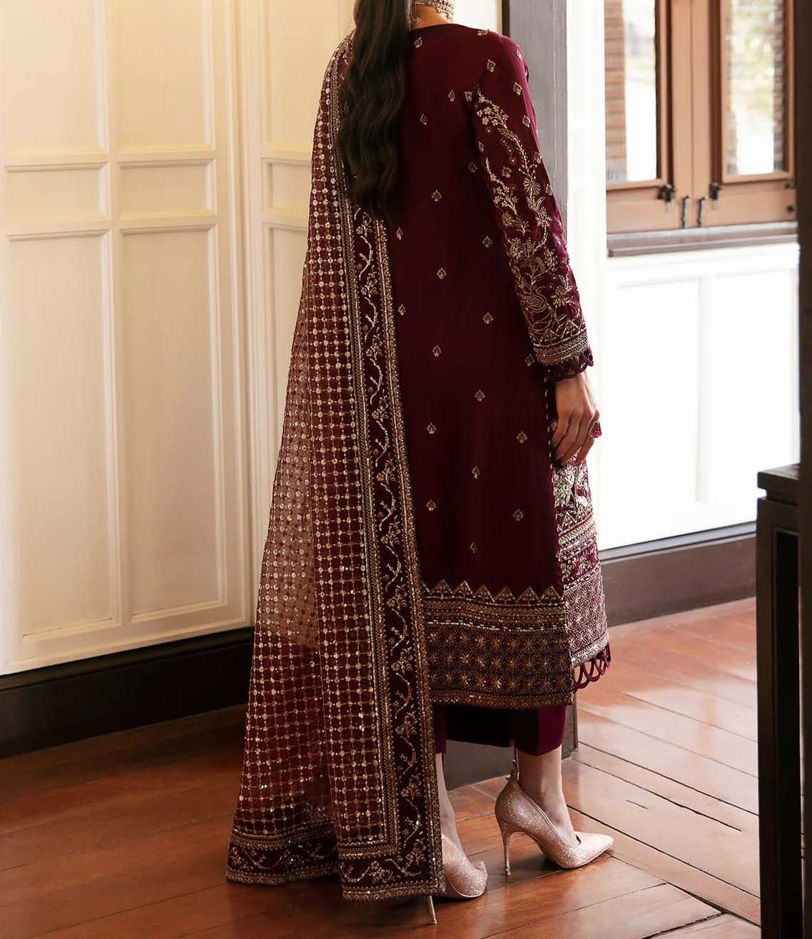 Gulaal 3PC Maroon Formal Collection Chiffon GLLP24V120 - Image 2
