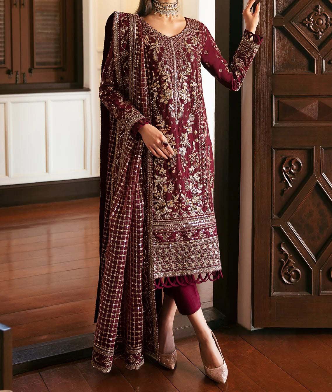 Gulaal 3PC Maroon Formal Collection Chiffon GLLP24V120 - Image 3