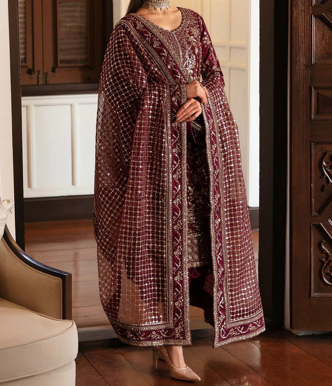 Gulaal 3PC Maroon Formal Collection Chiffon GLLP24V120 - Image 4