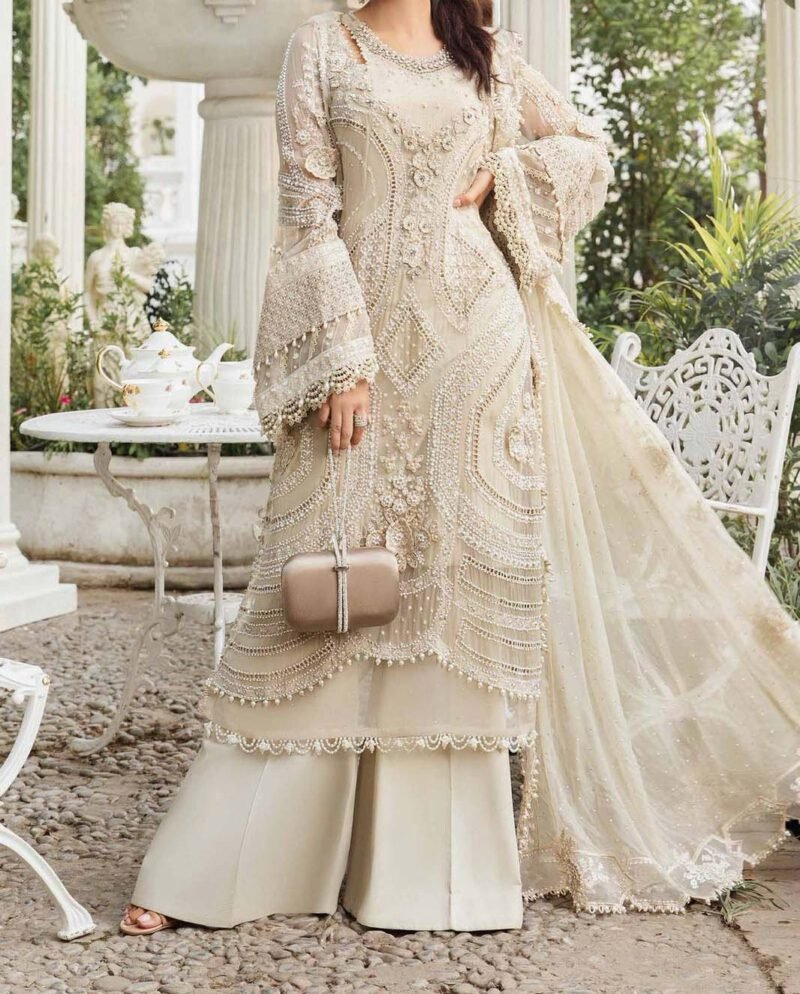 Maria B Luxury Embroidered Chiffon 3-Piece Dress with Diamante & 3D Embellishments – Coffee - MPC-24-104