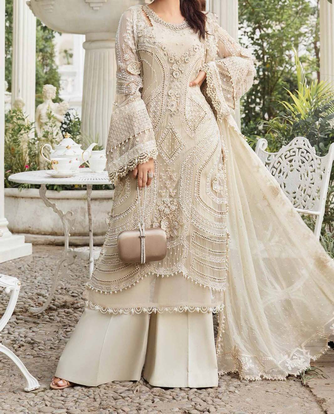 Maria B Luxury Embroidered Chiffon 3-Piece Dress with Diamante & 3D Embellishments – Coffee - MPC-24-104