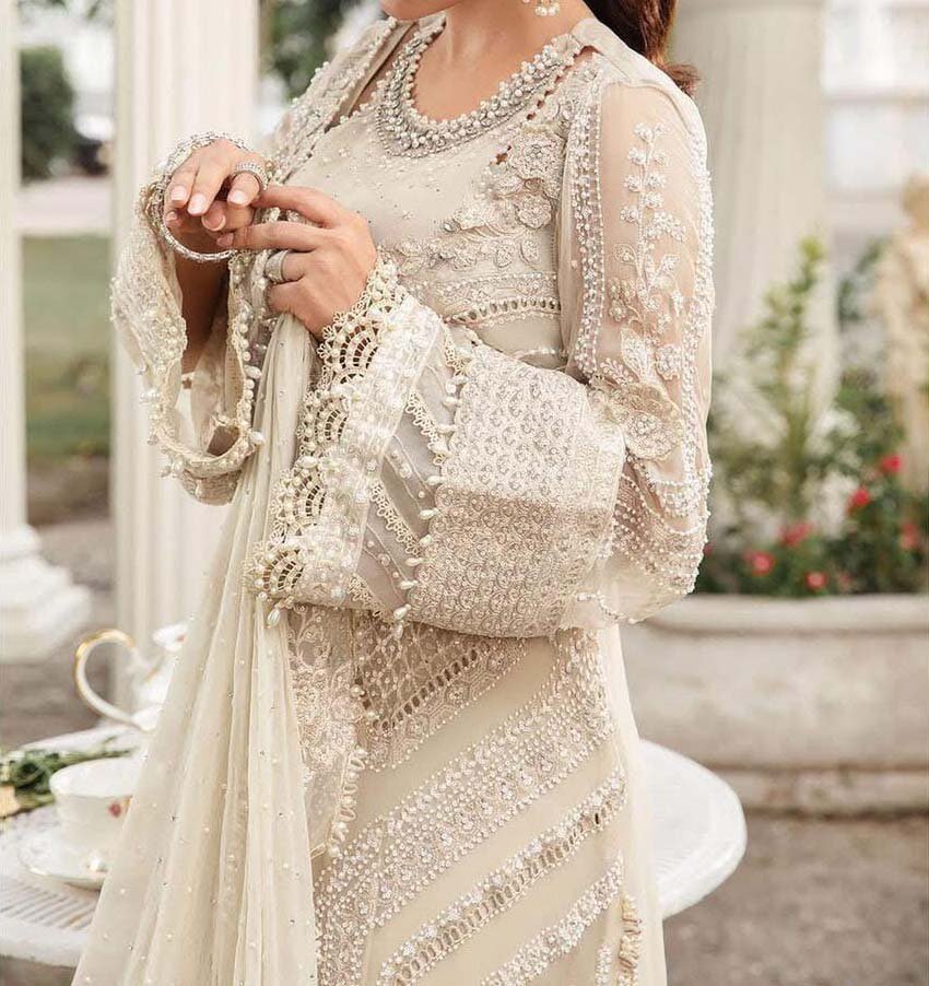 Maria B Luxury Embroidered Chiffon 3-Piece Dress with Diamante & 3D Embellishments – Coffee - MPC-24-104 - Image 4