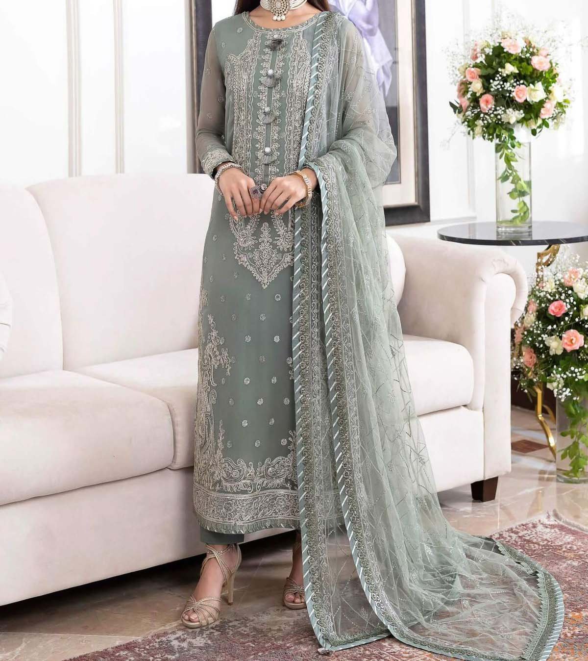Asim Jofa Unstitched Chiffon Heavy Embroidered Dress With NET Embroidered Dupatta - AJ25
