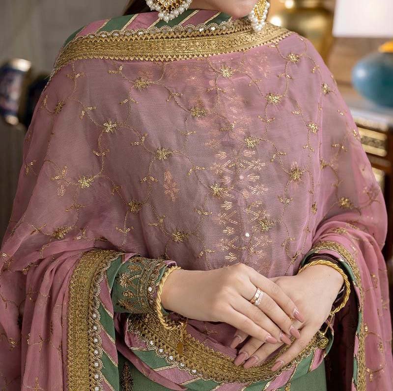 Asim Jofa Luxury Embroidered Chiffon 3-Piece with Jamawar Trouser & Embroidered Dupatta - AJ0001 - Image 4