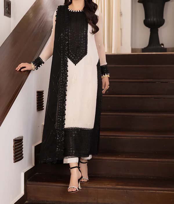 Asim Jofa Chiffon Heavy Embroidered 3-Piece Suit with Dupatta & Malai Trouser AJ22424