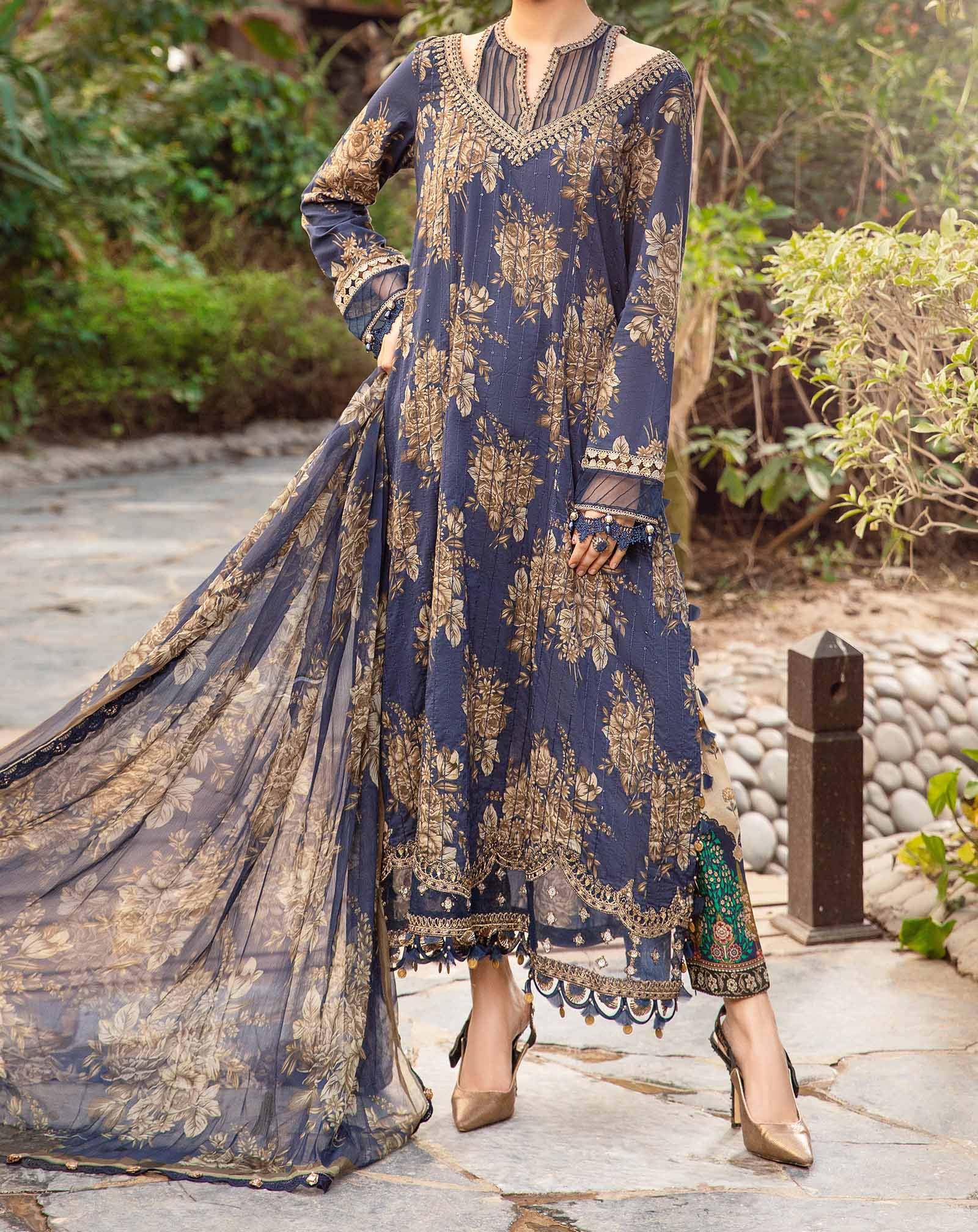 Maria B 3 PC Unstitched Printed Embroidered Lawn Dress