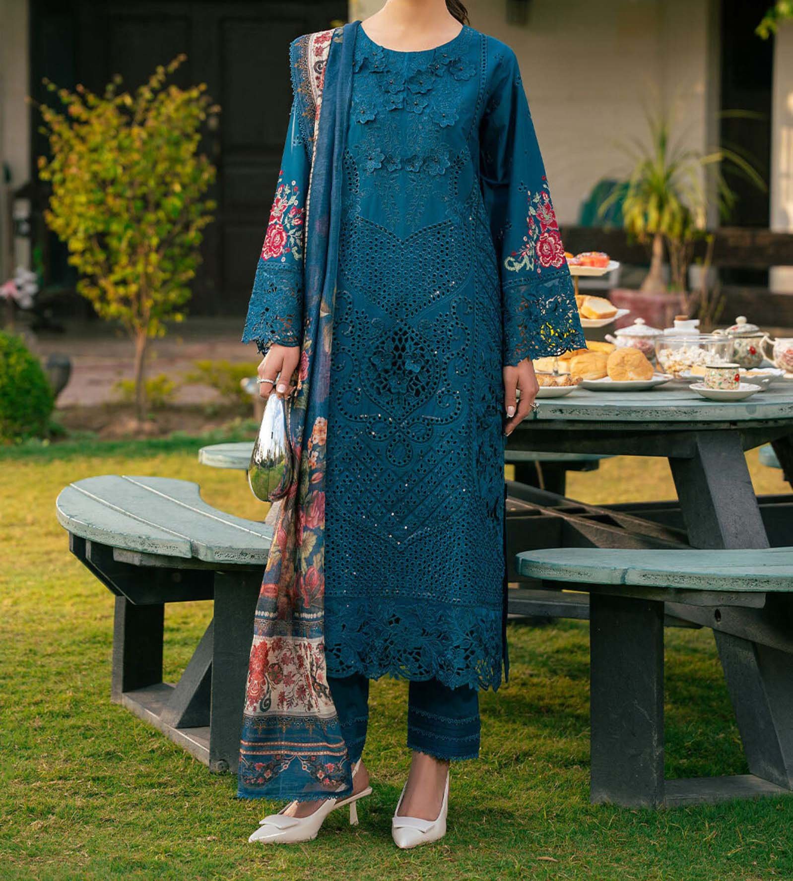 Chikankari Lawn Cotton Embroidered 3-Piece Unstitched with Digital Silk Dupatta - CK242353 - Image 9
