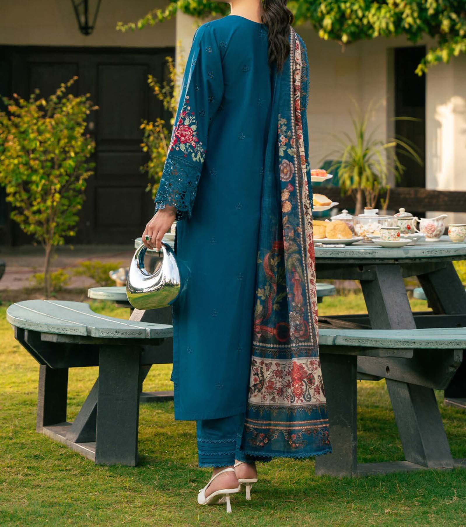 Chikankari Lawn Cotton Embroidered 3-Piece Unstitched with Digital Silk Dupatta - CK242353 - Image 2