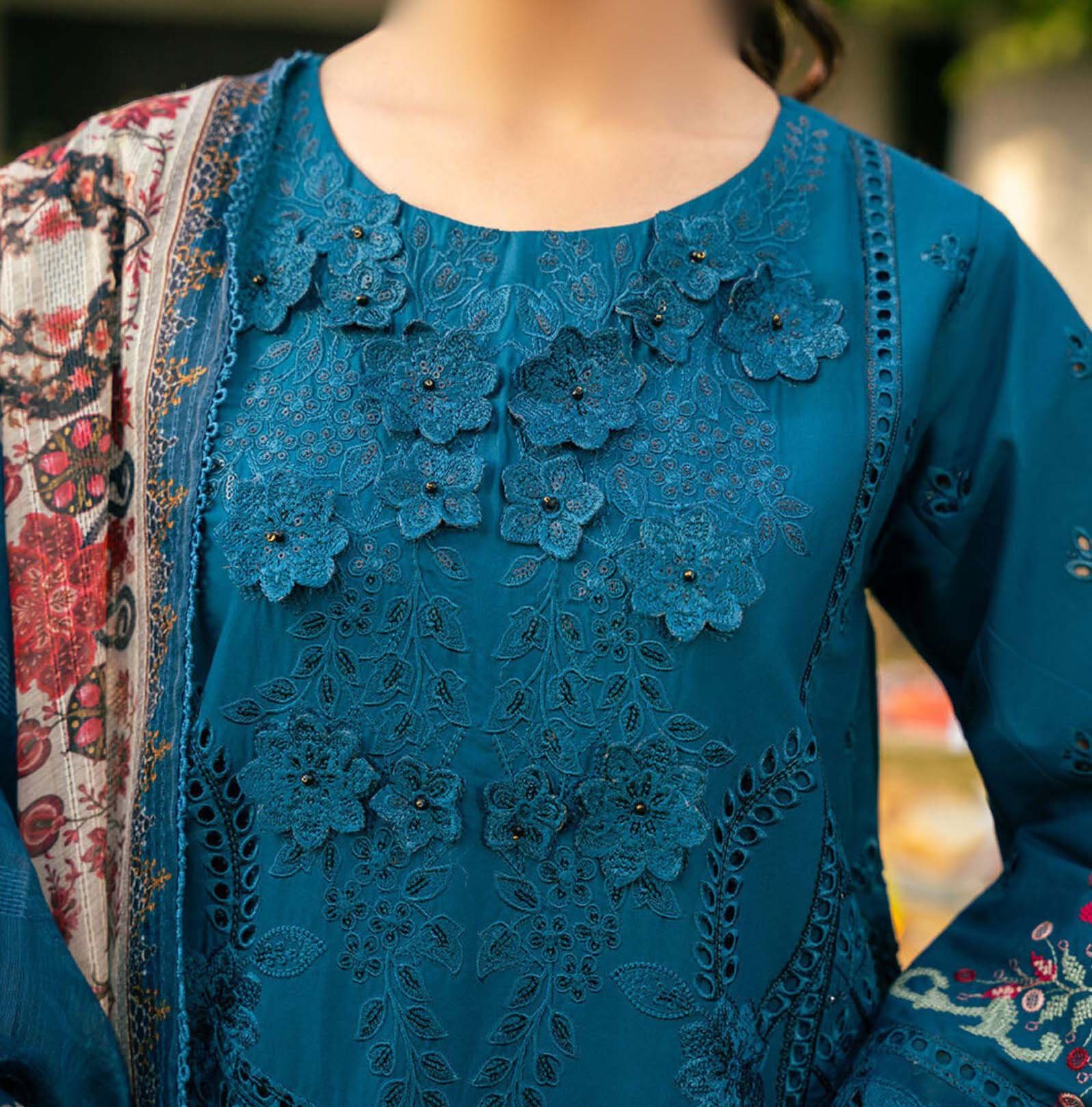 Chikankari Lawn Cotton Embroidered 3-Piece Unstitched with Digital Silk Dupatta - CK242353 - Image 5
