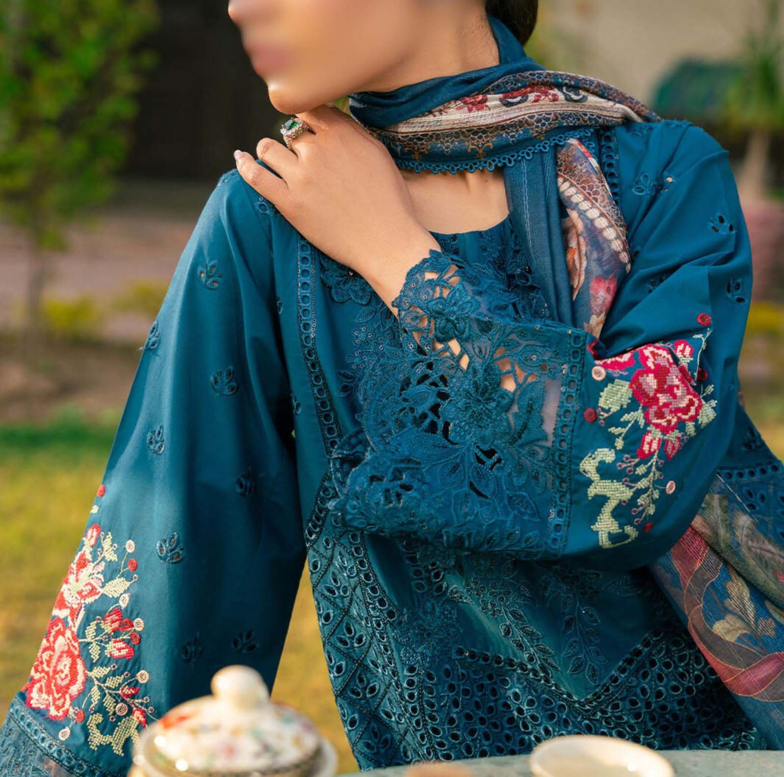 Chikankari Lawn Cotton Embroidered 3-Piece Unstitched with Digital Silk Dupatta - CK242353 - Image 8