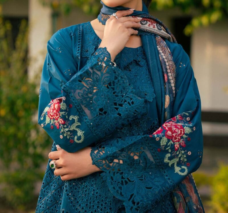 Chikankari Lawn Cotton Embroidered 3-Piece Unstitched with Digital Silk Dupatta - CK242353 - Image 3