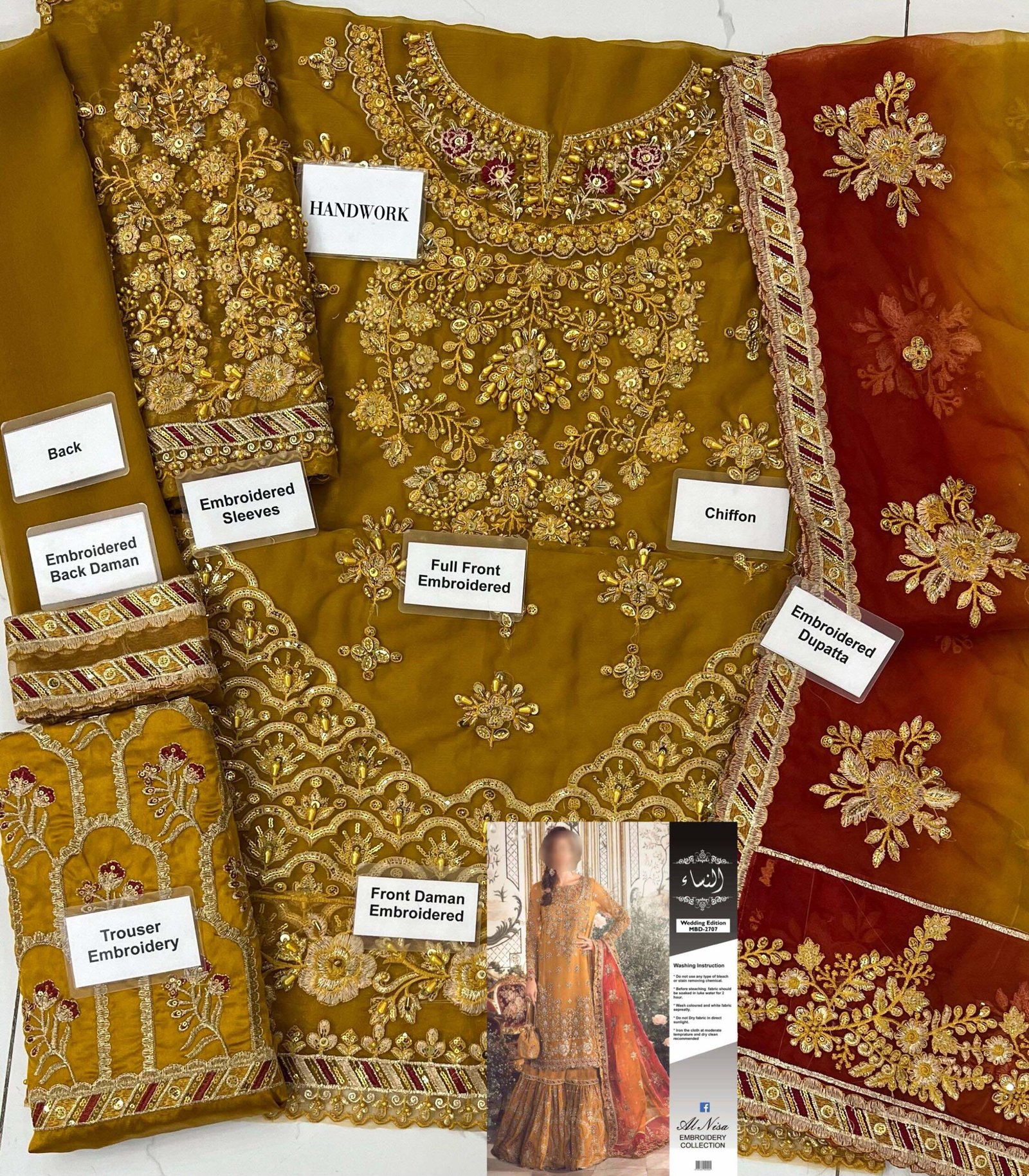 Maria B Unstitched Mbroidered Mustard Fancy Dress BD-2707 - Image 6
