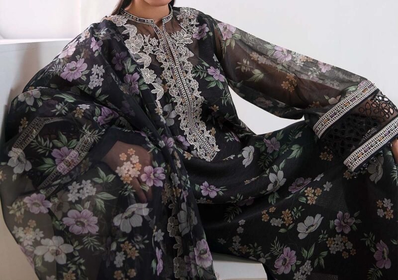 Baroque Cotton Net Embroidered 3-Piece with Organza Dupatta - BQ2228 - Image 5