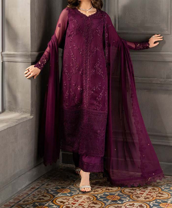 Azure Luxury Embroidered Chiffon 3-Piece with Silk Trouser & Dupatta - AZ68413