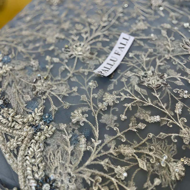 Maria B Couture Ice Blue Saree Embroided Unstitched 3PC MC-049 - Image 5