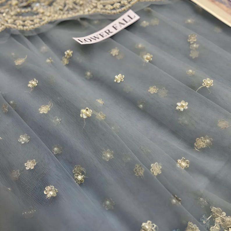 Maria B Couture Ice Blue Saree Embroided Unstitched 3PC MC-049 - Image 6